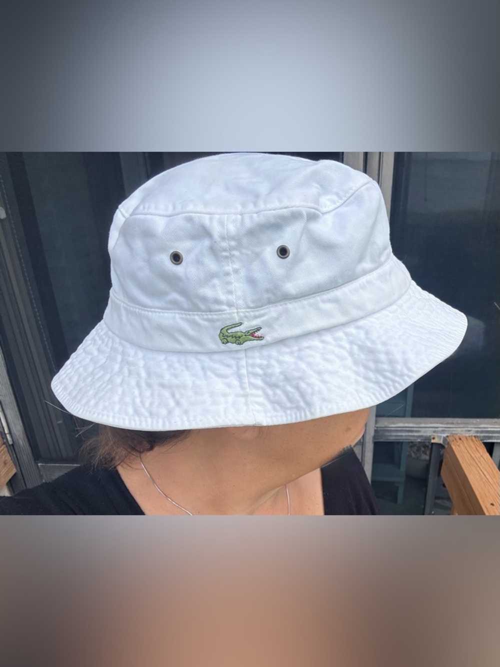 Lacoste White Bucket Hat Green Croc Logo Eyelets Cotton Blend Beach Pool M/L